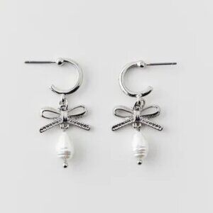 NWT Urban Outfitters Bow Pearl Charm Silver Hoop Earrings